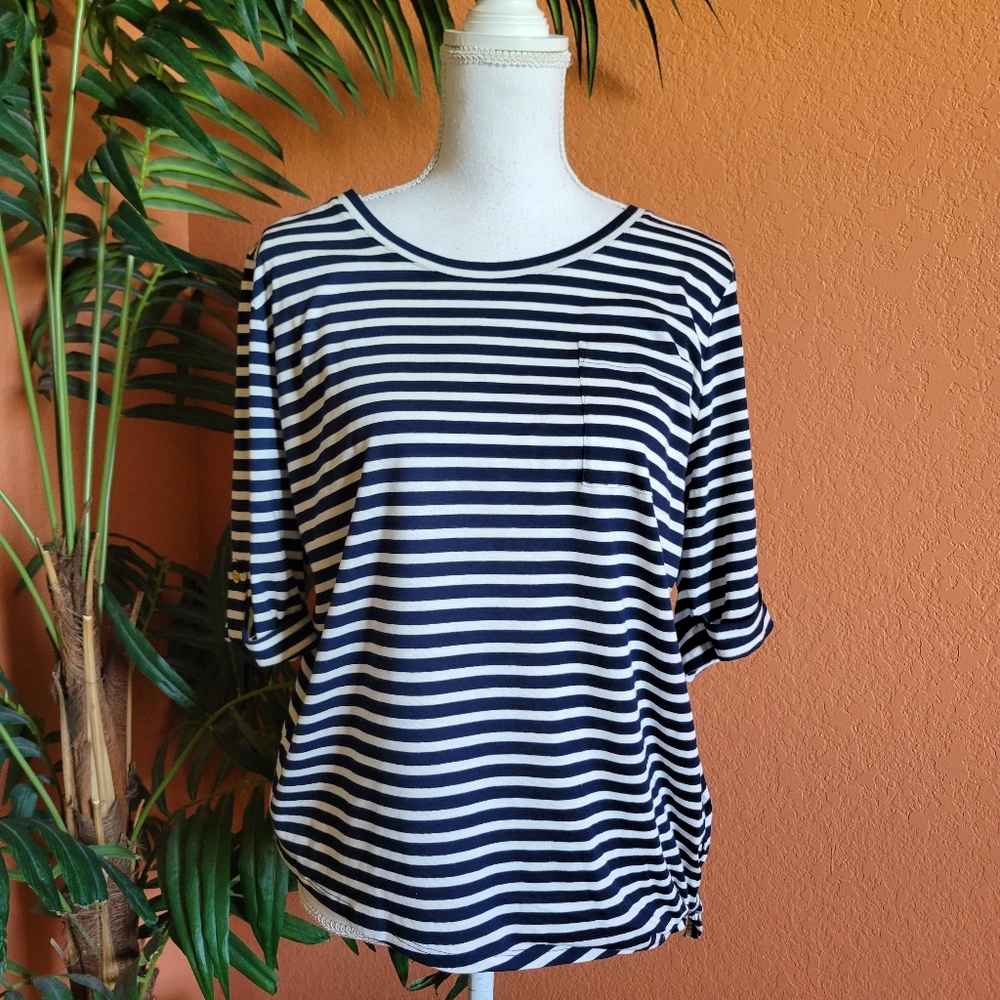 Lauren Ralph Lauren Striped Tee Shirt Side Knot Nautical Navy Blue White XL